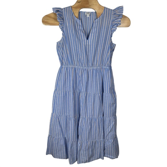 J.CREW Dresses & Skirts - J Crew Ruffle-Sleeve Tiered Midi Dress Size 12 Blue Beige Striped Cotton Pockets